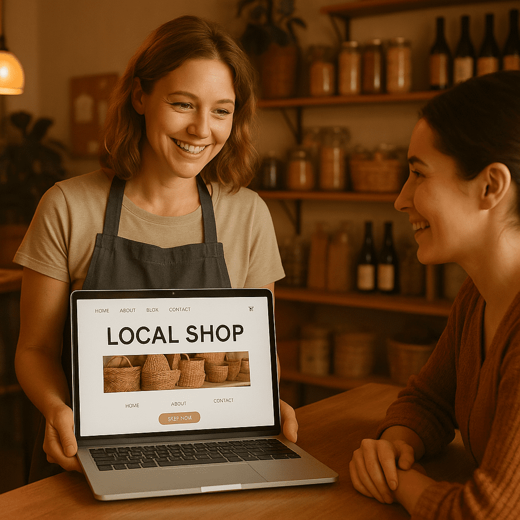 Small business owner showing their professional, modern website to a customer—demonstrating trust and credibility online