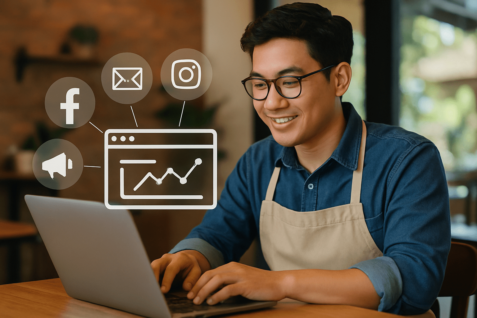 Shop owner marketing his business using his Website and Social Media