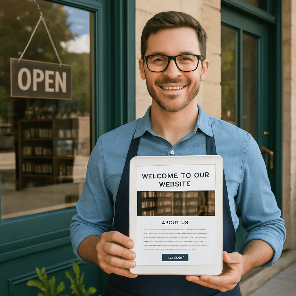 Customer using a mobile phone to browse a small business website with modern, responsive design