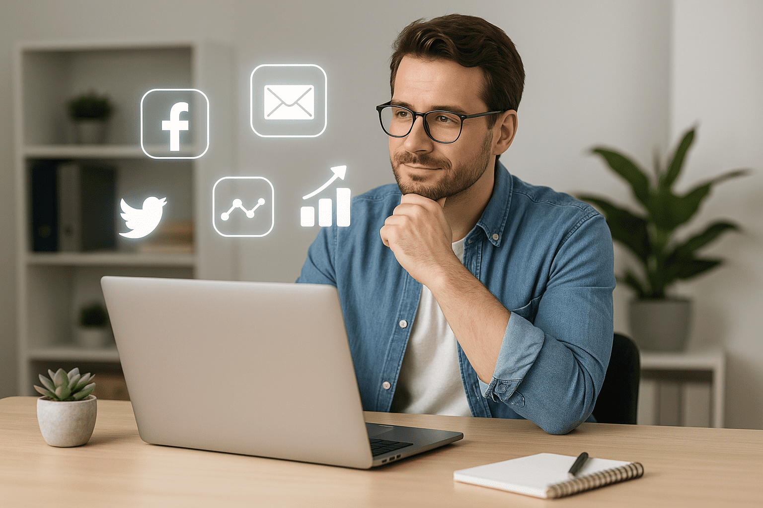 Small business owner in a modern office, considering marketing tools, with digital icons floating in the air